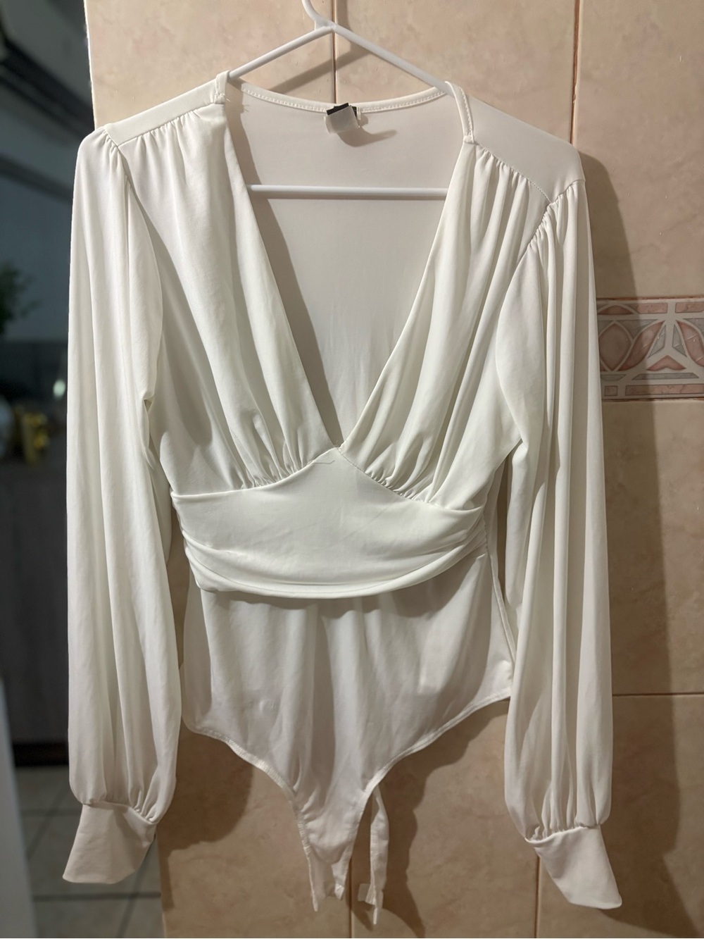 Women's White Long-Sleeve Plunge Bodysuit